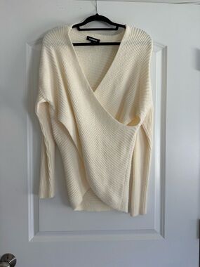 Express Ivory Wrap V-Neck Sweater - Women's Ribbed Knit